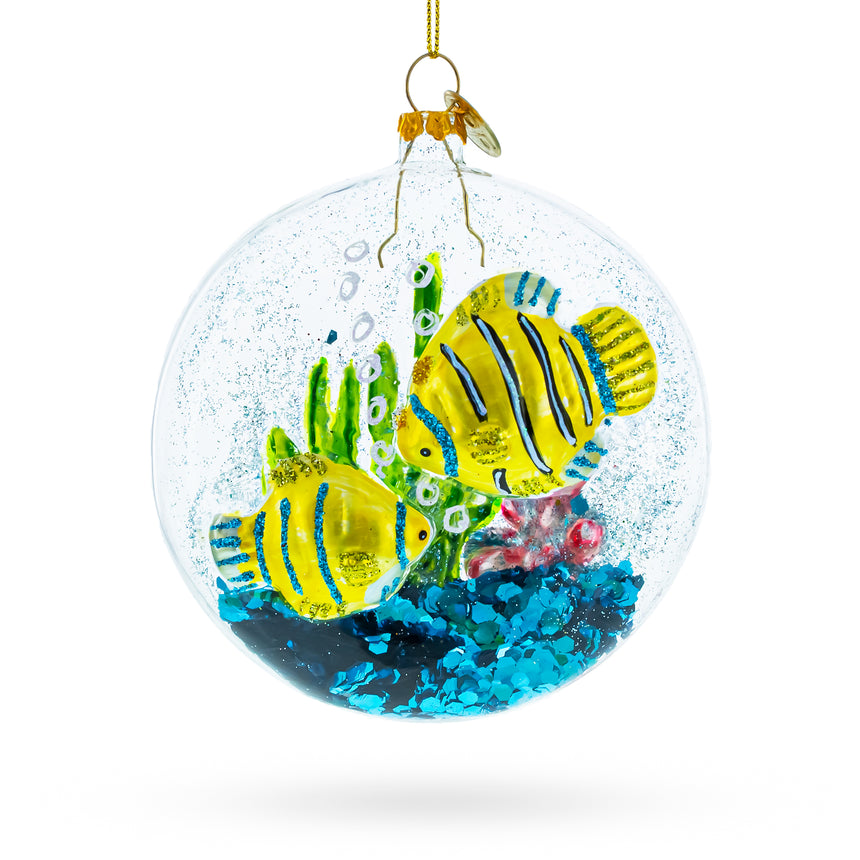 Glass Yellow Fishes Inside Fish Tank Glass Christmas Ornament in Multi color Round