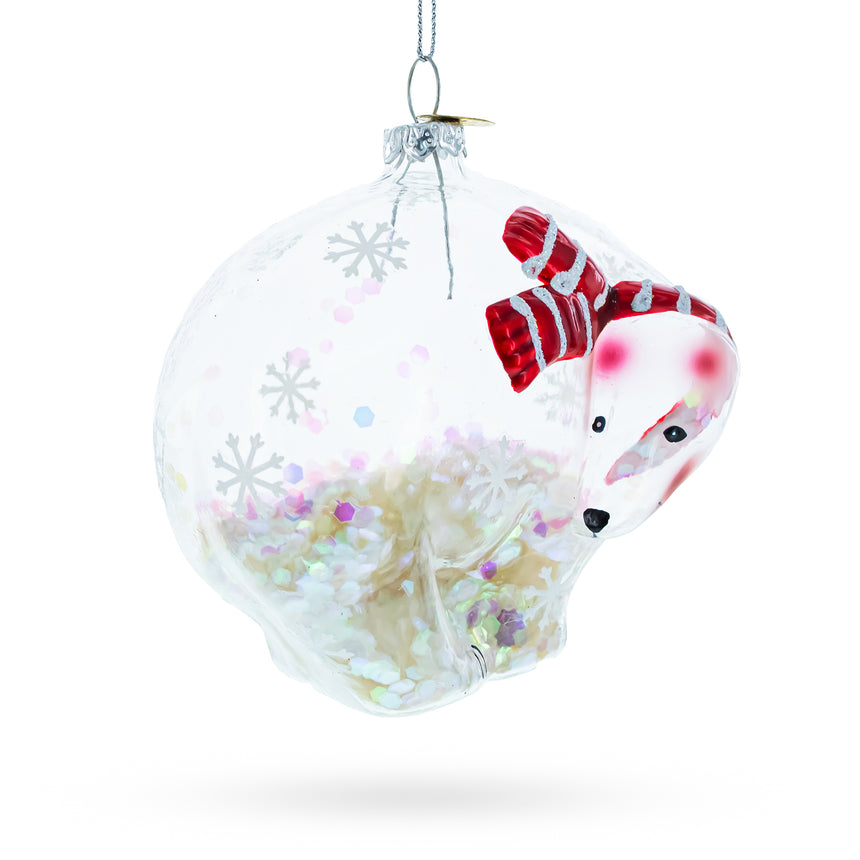 Glass Clear Polar Bear Blown Glass Christmas Ornament in Clear color