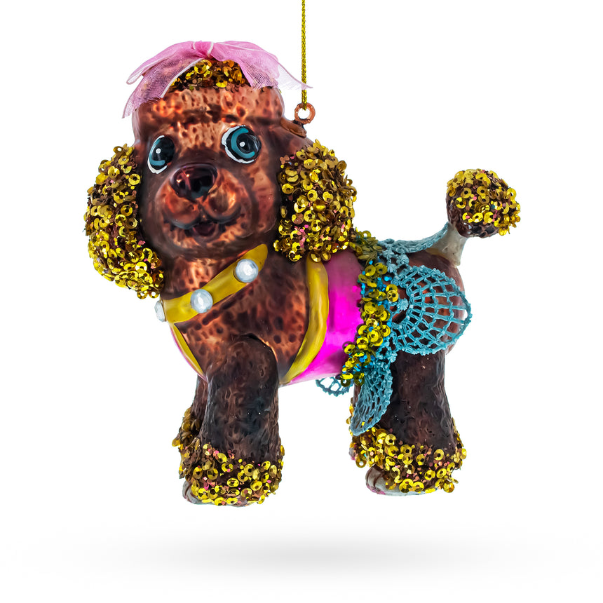 Glass Sophisticated Poodle Blown Glass Christmas Ornament in Brown color