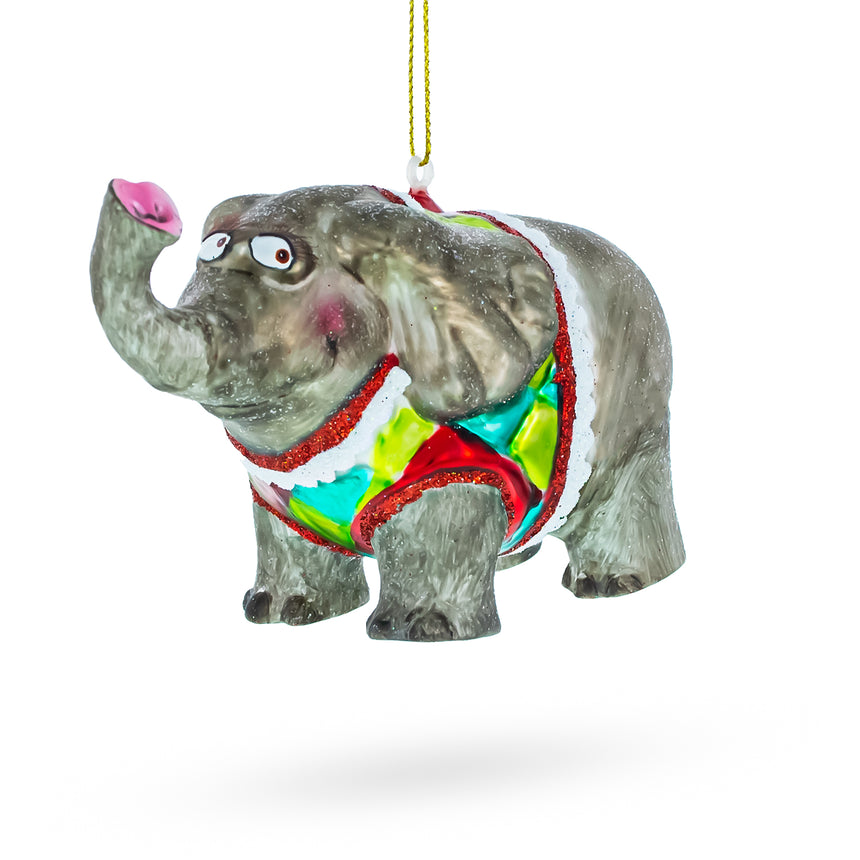 Glass Circus Elephant Trumpeting Blown Glass Christmas Ornament in Multi color