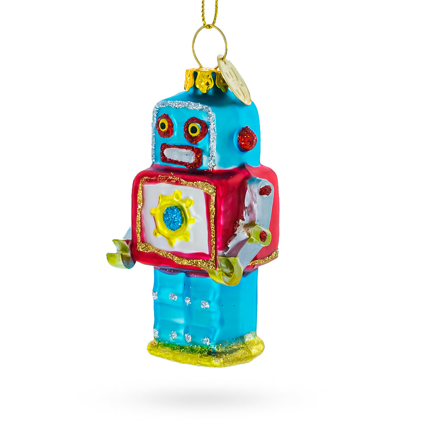 Glass Quirky Square-Headed Robot Blown Glass Christmas Ornament in Multi color