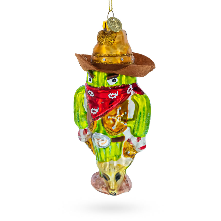 Glass Western Cowboy Cactus Blown Glass Christmas Ornament in Multi color