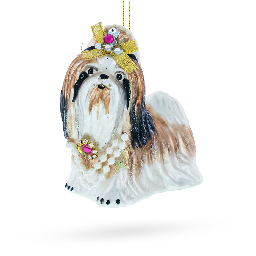 Glass Glam Terrier with Jeweled Bow Blown Glass Christmas Ornament in Multi color