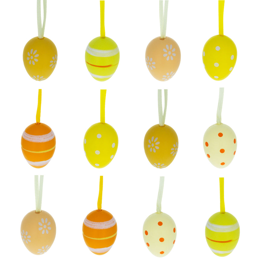 Plastic Set of 12 Miniature Pastel Yellow Polka Dot, Flowers, Stripes Plastic Easter Egg Ornaments 1.5 Inches in Gold color Oval