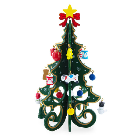 Wood Wooden Tabletop Christmas Tree with Cute Miniature German Style Wooden Ornaments 7.5 Inches in Green color Triangle