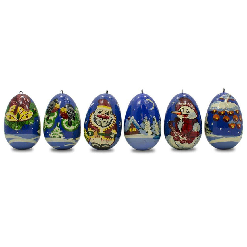 Wood 6 Santa with Snowman and Birds Wooden Christmas Ornaments 2.25 Inches in Multi color Oval