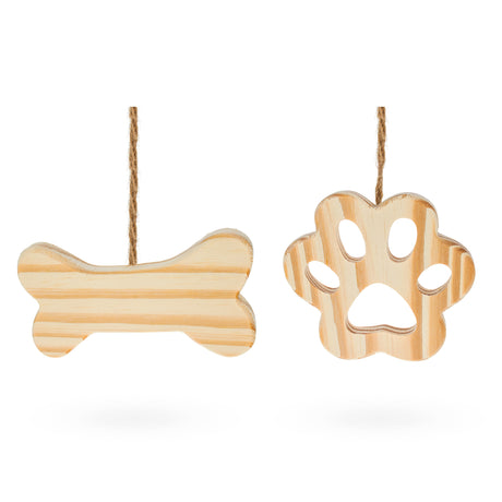 Wood Set of 2 Unfinished Unpainted Wooden Bone and Paw Christmas Ornaments in Beige color