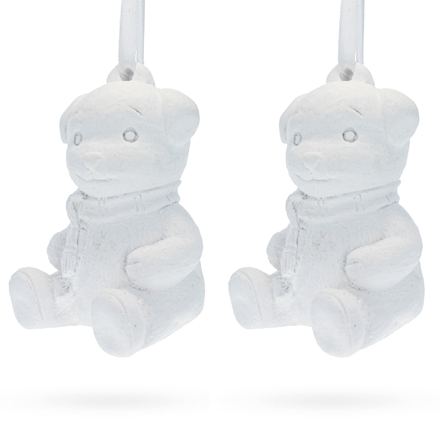 Plaster Set of 2 Blank White Unfinished Unpainted Plaster Teddy Bear Ornaments 3.5 Inches in White color