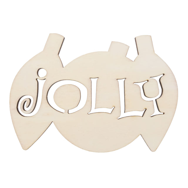 Wood Unfinished Wooden Multiple Ornament Shape with Text "Jolly" text Cutout DIY Craft 5 Inches in Beige color