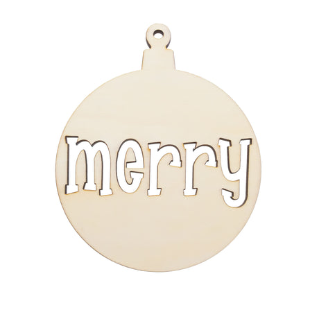 Wood Unfinished Wooden Christmas Ornament Shape with Text "Merry" Cutout DIY Craft 5 Inches in Beige color Round