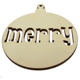 Wood Unfinished Wooden Christmas Ornament Shape with Text "Merry" Cutout DIY Craft 5 Inches in Beige color Round