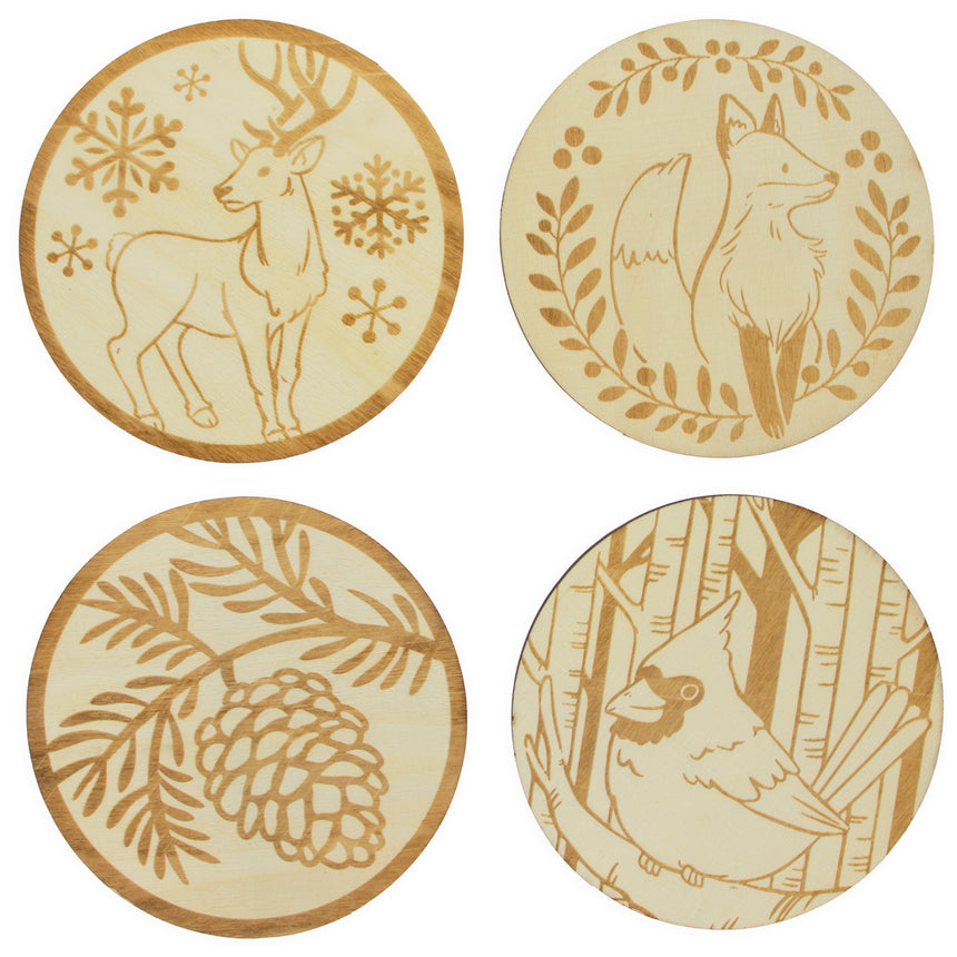 Wood Set of 4 Unfinished Wooden Etched Animals and Forest Life Theme Cutout DIY Craft 4.4 Inches in Beige color Round