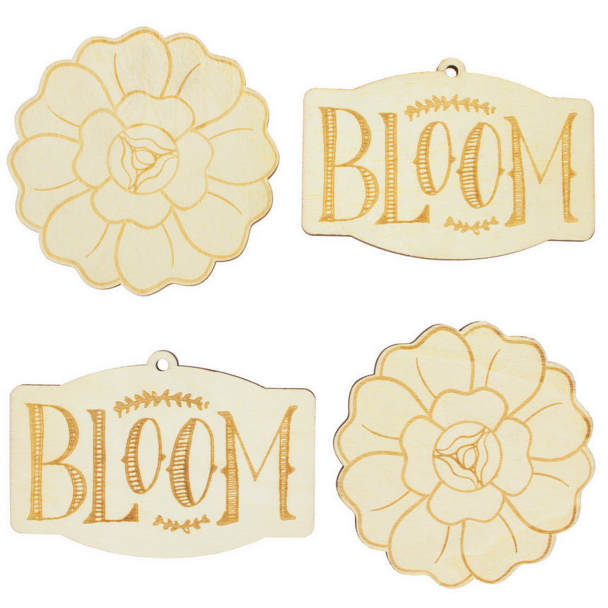 Wood Set of 4 Unfinished Wooden Etched Flower Bloom Cutout DIY Craft 4.9 Inches in Beige color