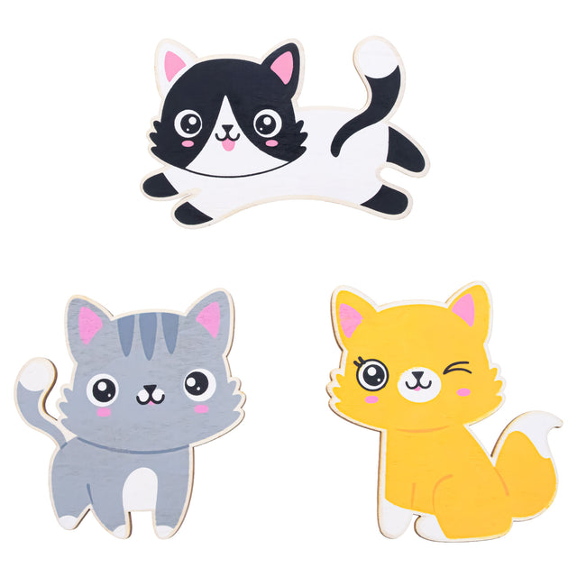 Wood Set of 3 Painted Wooden Cats Cutout DIY Craft 4.5 Inches in Multi color