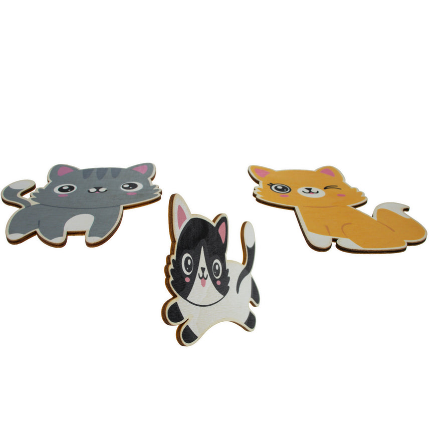 Wood Set of 3 Painted Wooden Cats Cutout DIY Craft 4.5 Inches in Multi color