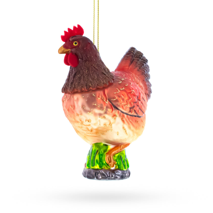 Glass Farmyard Chicken Blown Glass Christmas Ornament in Orange color