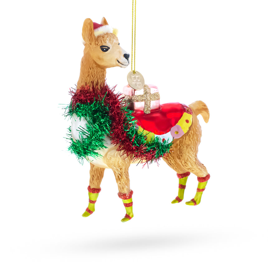 Glass Festive Llama with Presents Blown Glass Christmas Ornament in Multi color