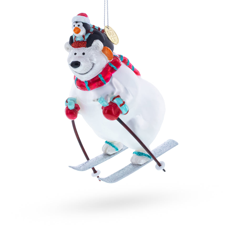 Glass Skiing Polar Bear with Penguin Blown Glass Christmas Ornament in White color