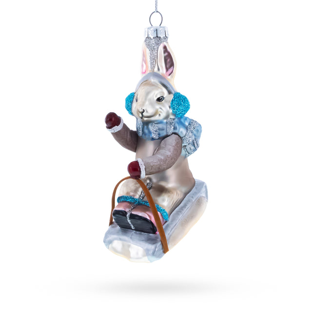 Glass Sledding Bunny Blown Glass Christmas Ornament in Multi color