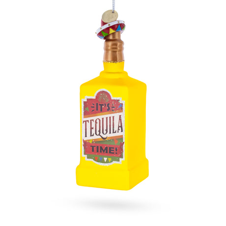 Glass Tequila Bottle with Sombrero Blown Glass Christmas Ornament in Yellow color