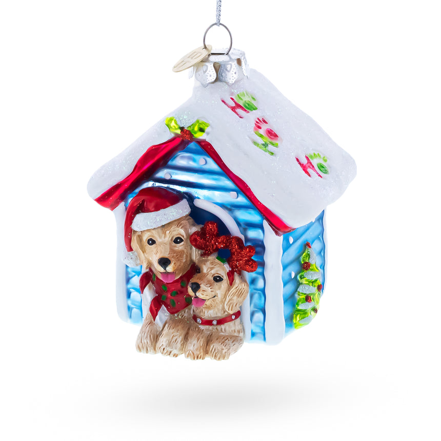 Glass Christmas Dogs in Doghouse Blown Glass Christmas Ornament in Multi color