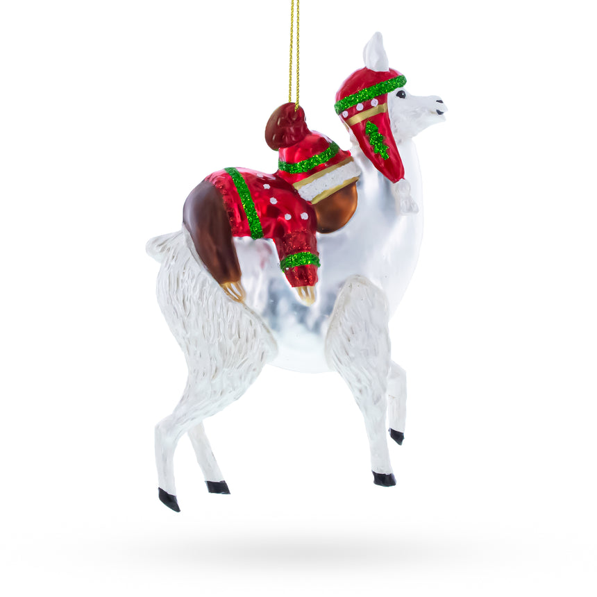 Festive Llama and Sloth Glass Christmas Ornament ,dimensions in inches: 4.8 x 3 x 1.5