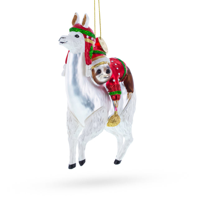 Glass Festive Llama and Sloth Glass Christmas Ornament in White color