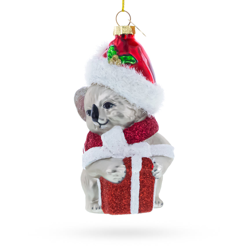 Glass Festive Koala with Present Blown Glass Christmas Ornament in Multi color