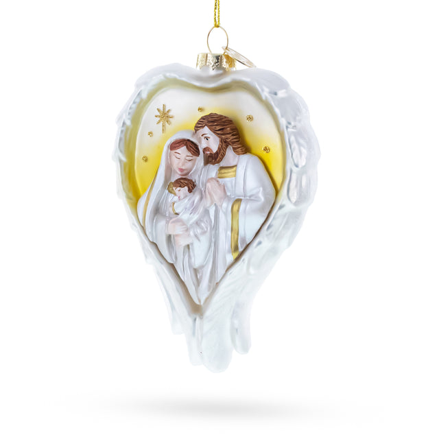 Glass Holy Family Heart Blown Glass Christmas Ornament in White color