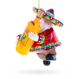 Mexican Santa with Tequila Bottle Blown Glass Christmas Ornament ,dimensions in inches: 4.3 x 2.6 x 3.4