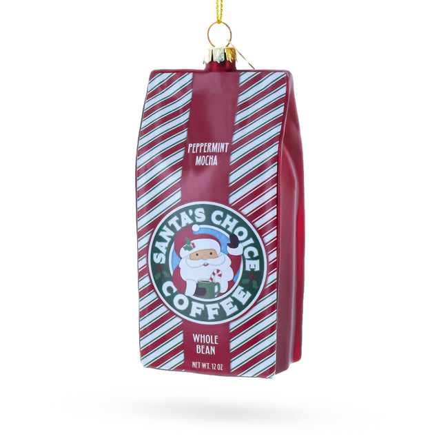 Glass Santa’s Choice Coffee Bag Blown Glass Christmas Ornament in Red color