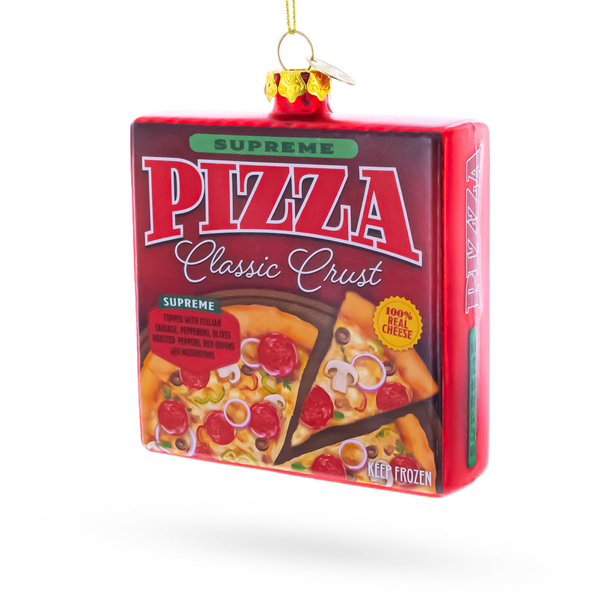 Glass Supreme Pizza Box Blown Glass Christmas Ornament in Red color