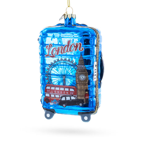 Glass London Landmarks Suitcase Blown Glass Christmas Ornament in Blue color