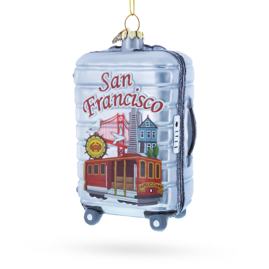 Glass San Francisco Landmarks Suitcase Blown Glass Christmas Ornament in White color