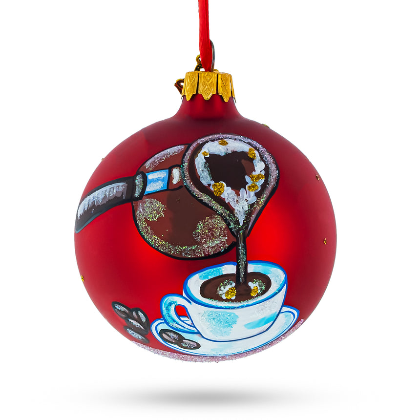 Glass Coffee Lover Blown Glass Ball Christmas Ornament 3.25 Inches in Red color Round