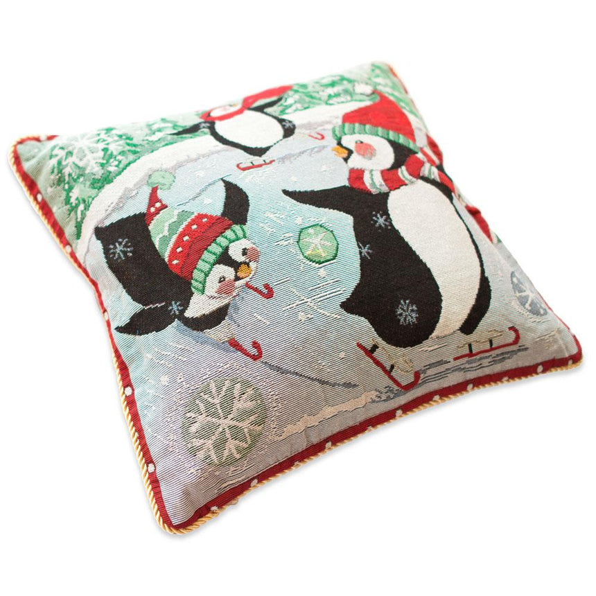 Set of 2 Skating Penguins Christmas Throw Pillow Covers ,dimensions in inches: 18 x 17.5 x 17.5