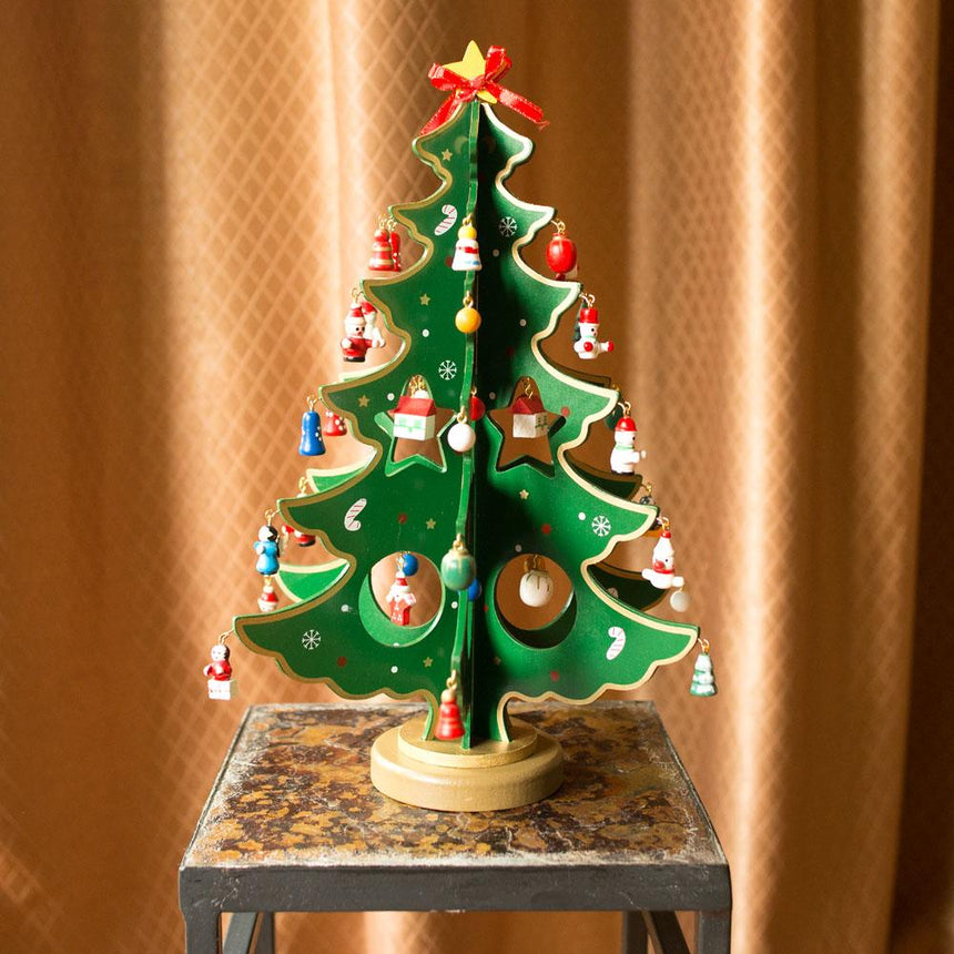 Traditional Wooden Tabletop Christmas Tree 32 German Style Mini Christmas Ornaments, 12.5 Inches Tall