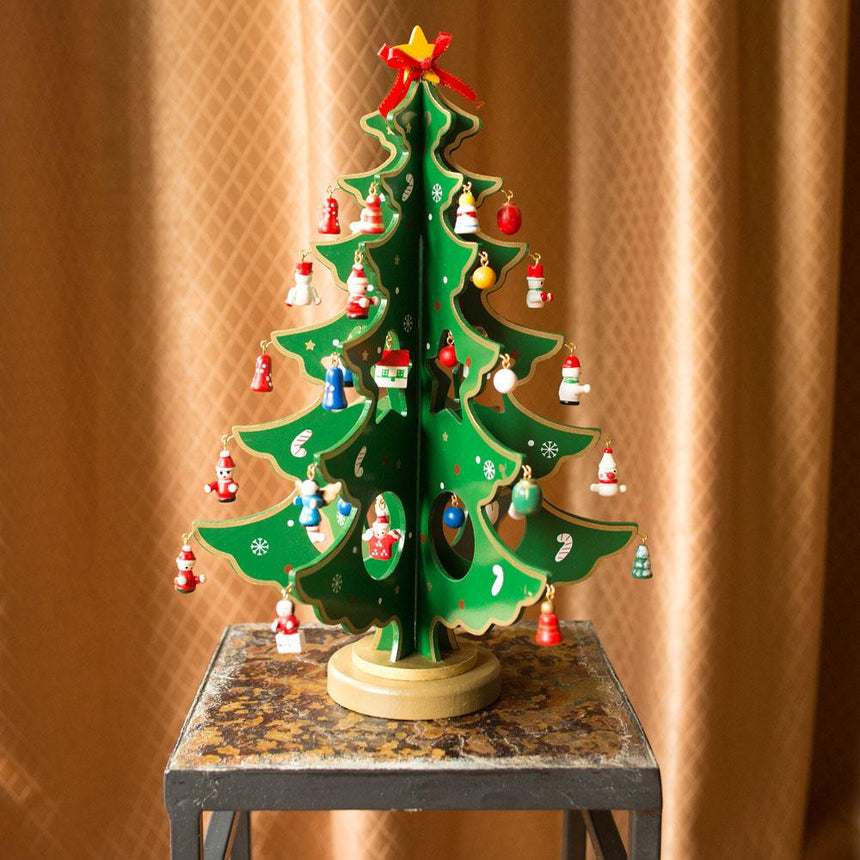 Traditional Wooden Tabletop Christmas Tree 32 German Style Mini Christmas Ornaments, 12.5 Inches Tall