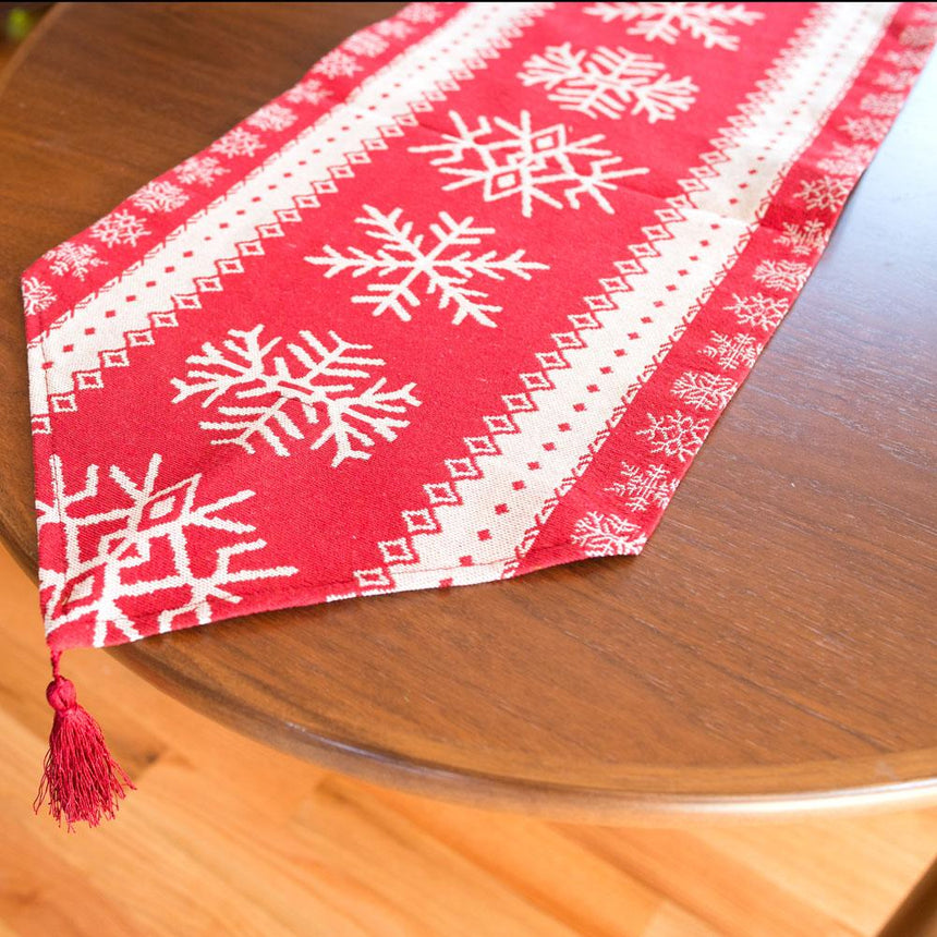 Mantel navideño con diseño de copos de nieve en rojo, 76,5 pulgadas