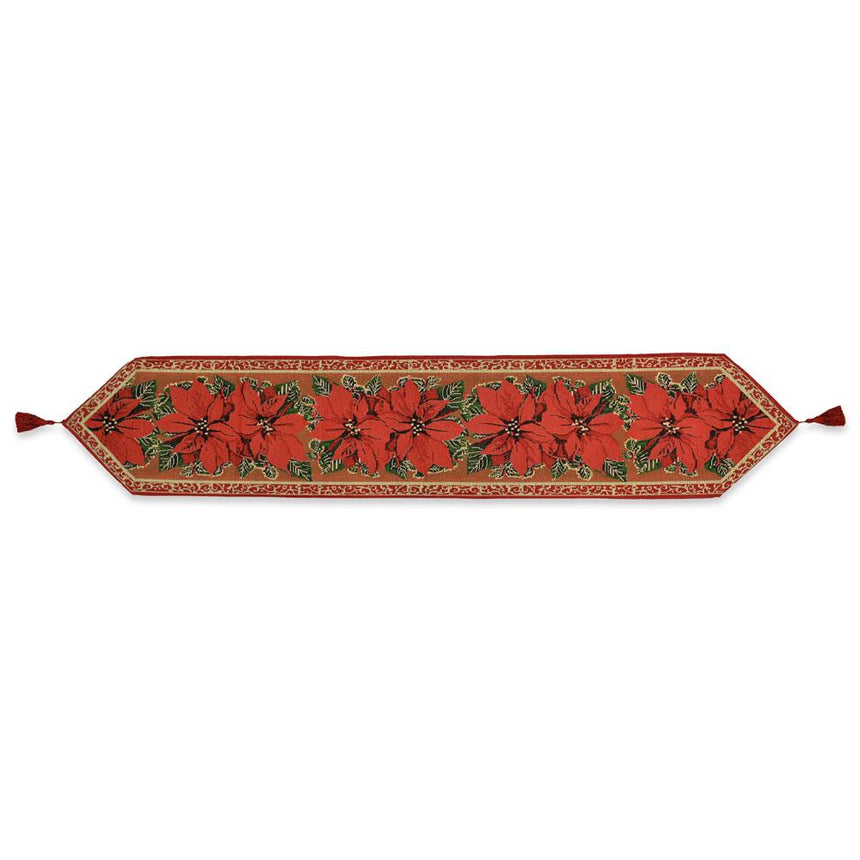 Fabric Poinsettia Flowers Christmas Tablecloth Holiday Runner 75 Inches in Red color Rectangular