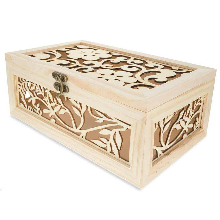 Wood Unfinished Carved Wooden Jewelry or Storage Trinket Gift Box Chest with Clasp DIY Craft 13.4 Inches in Beige color Rectangular