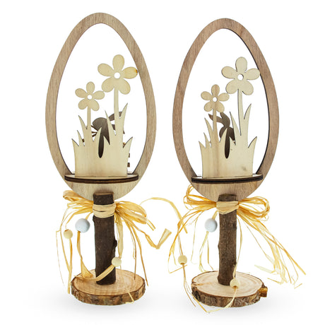 Set of 2 Rustic Wooden Easter Egg Decorations – Handmade Bunny & Flower Tabletop Decor ,dimensions in inches: 10.7 x 4.1 x 3.1