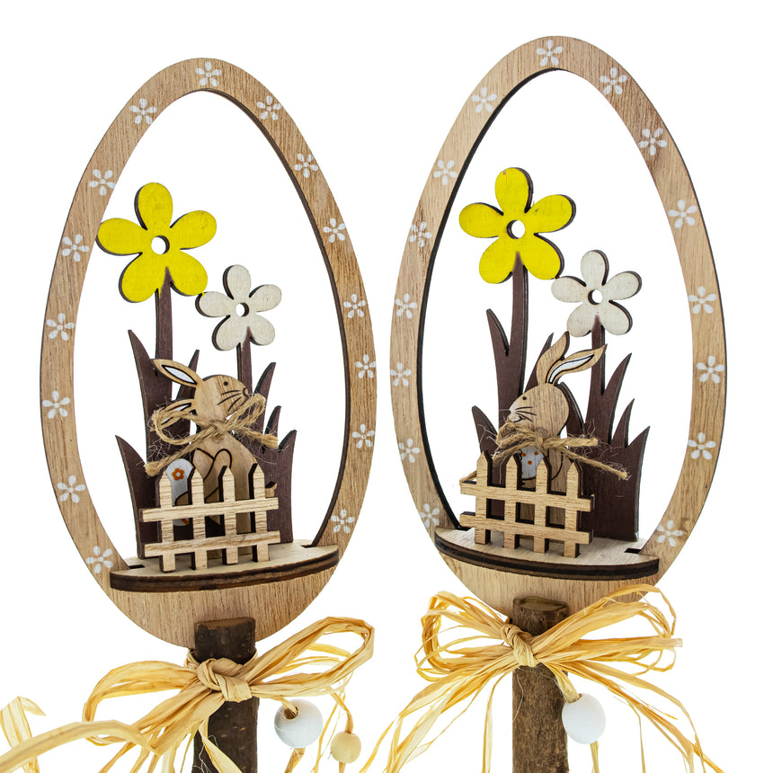 Wooden Whimsy: Set of 2 Egg-Shaped Figurines with Bunnies and Flowers ,dimensions in inches: 10.7 x 4.1 x 3.1