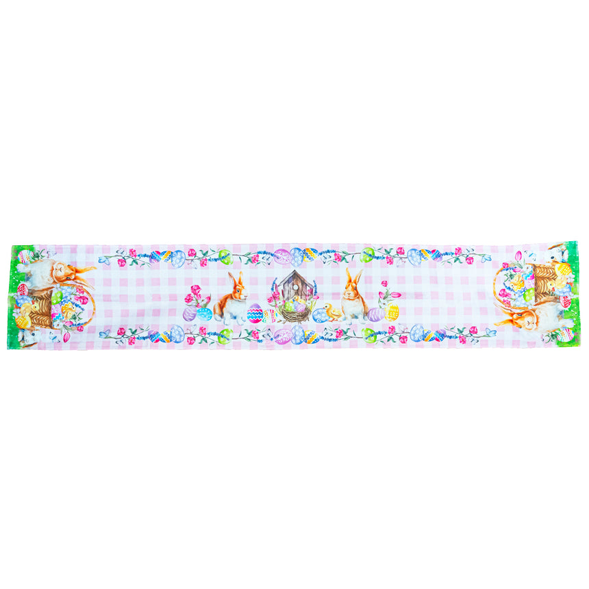 Fabric Whimsical Bunny and Colorful Eggs Easter Table Runner in Multi color