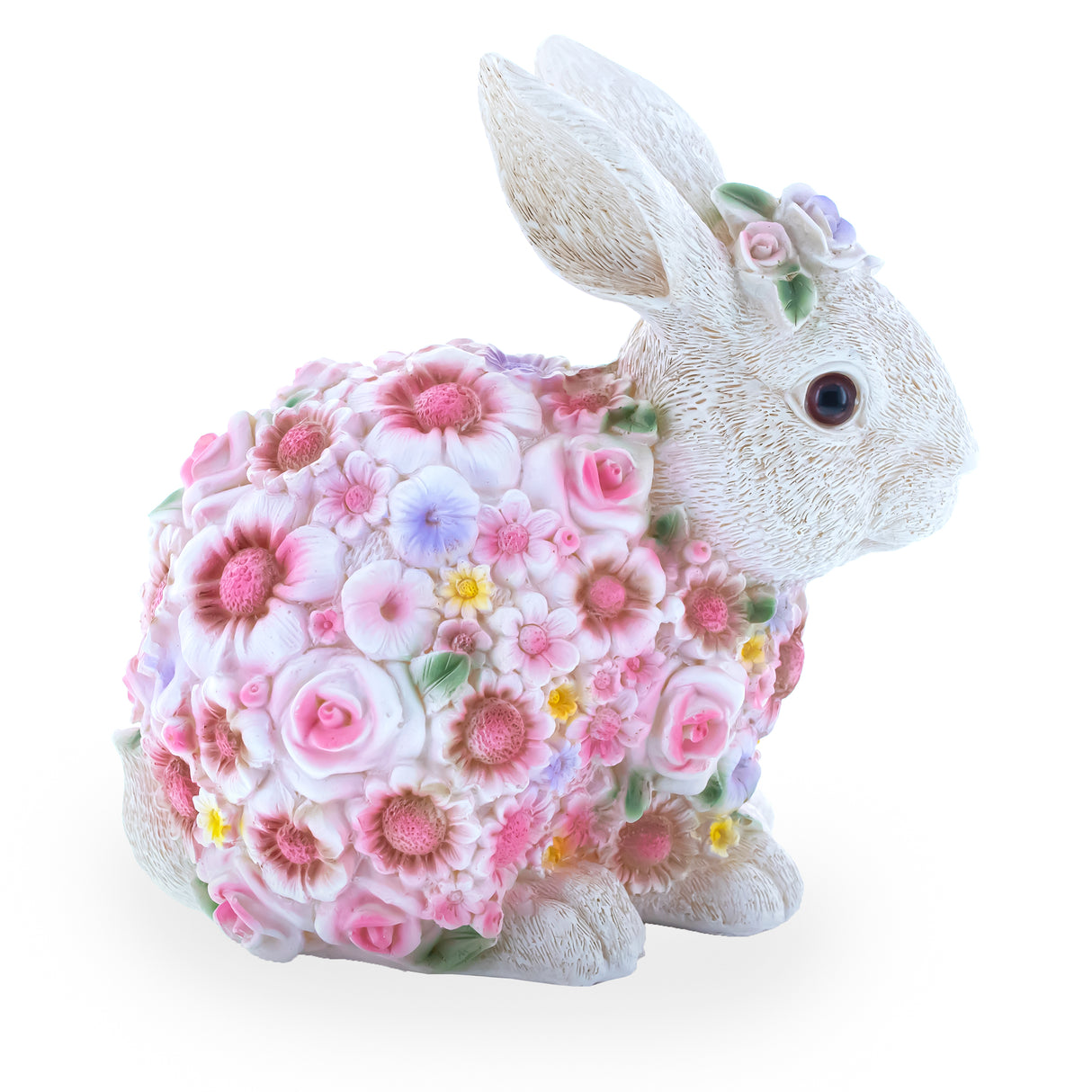 Floral-Embraced Bunny: Enchanting Springtime Figurine ,dimensions in inches: 7.1 x 4.4 x 6.1