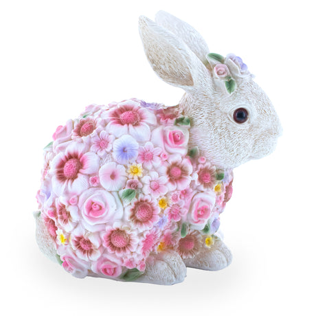 Resin Floral Bunny Figurine – Elegant Spring & Easter Decor with Pastel Flowers 7.1 Inches in Multi color