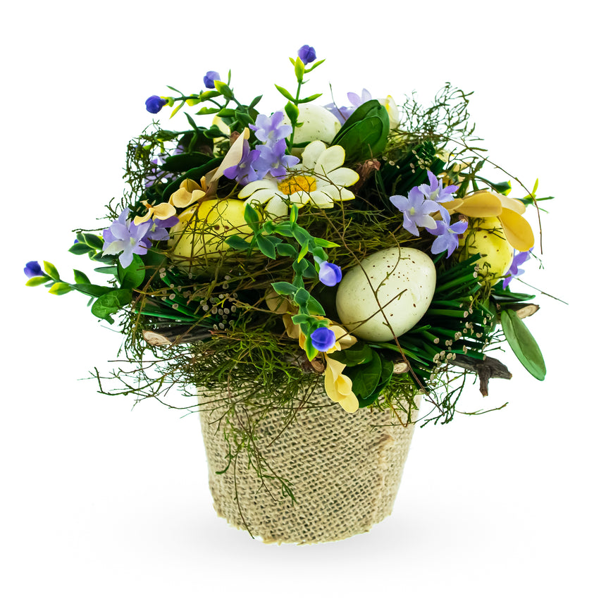 Styrofoam Blossoming Easter Elegance: Floral Pot Adorned with Delightful Eggs in Multi color