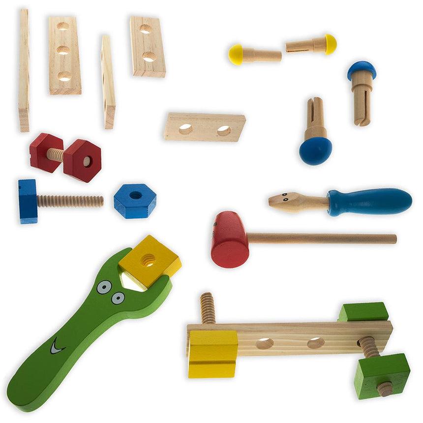 21 Pieces Construction Building Tools in Wooden Toolbox ,dimensions in inches: 9 x 4.75 x 4.5