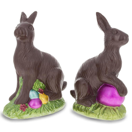 Resin Set of 2 Chocolate Bunnies with Easter Eggs Figurines 5.5 Inches in Multi color