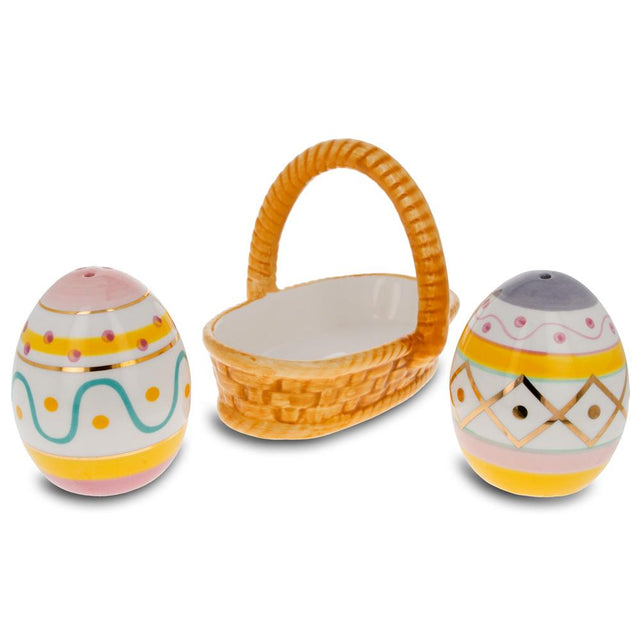 Ceramic Easter Egg Ceramic Salt and Pepper Shaker Set in a Basket in Multi color Egg, Basket